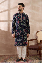Blue Silk Blend Printed Mandarin Collar Straight Kurta MKU1987