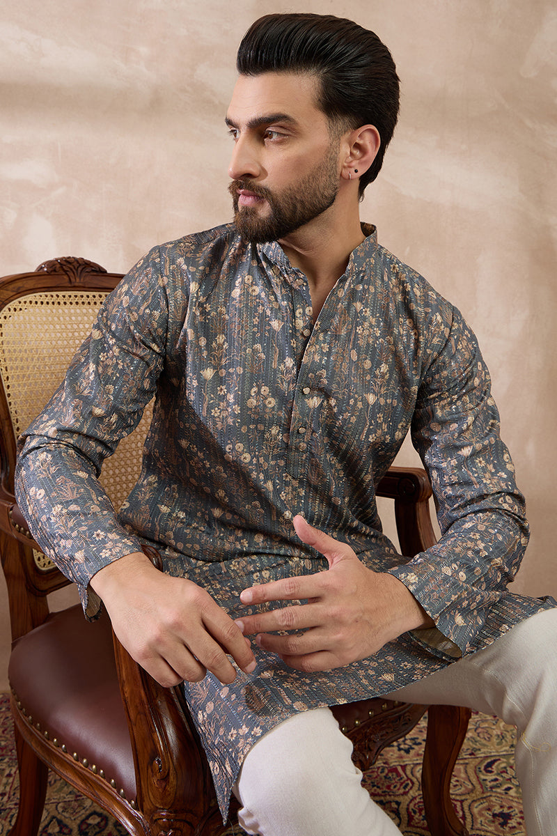 Grey Silk Blend Printed Mandarin Collar Straight Kurta With Trouser MKSET1931