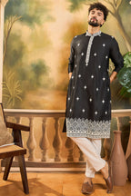 Black Silk Blend Solid Embroidered Straight Kurta MKU1441