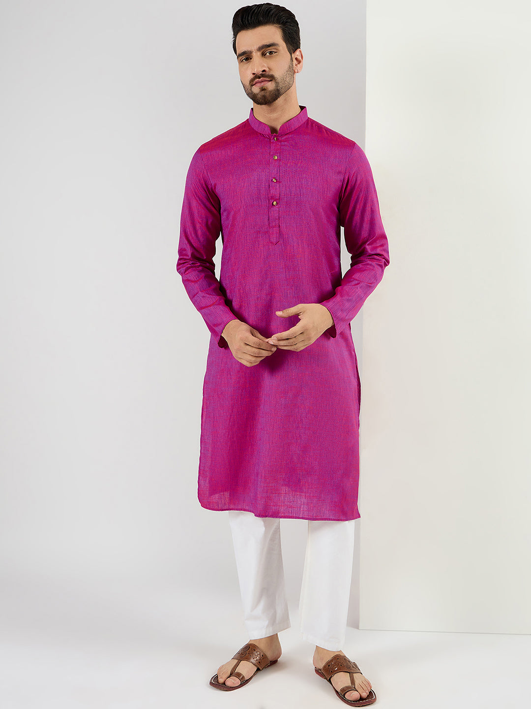 Pink Cotton Solid Woven Design Straight Kurta MKU1100