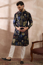 Navy Blue Silk Blend Printed Mandarin Collar Straight Kurta MKU1961