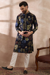 Navy Blue Silk Blend Printed Mandarin Collar Straight Kurta MKU1961