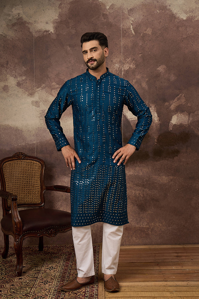 Blue Silk Blend Solid Embroidered Straight Kurta MKU1358