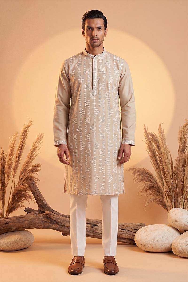 Beige Silk Blend Solid Embroidered Kurta MKU2089
