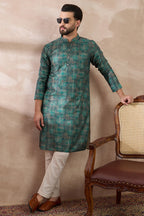 Green Silk Blend Printed Mandarin Collar Straight Kurta With Trouser MKSET2021