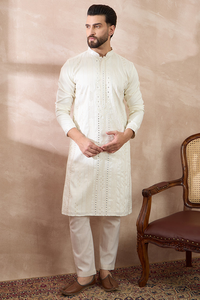 White Silk Blend Embroidered Mandarin Collar Straight Kurta MKU1891