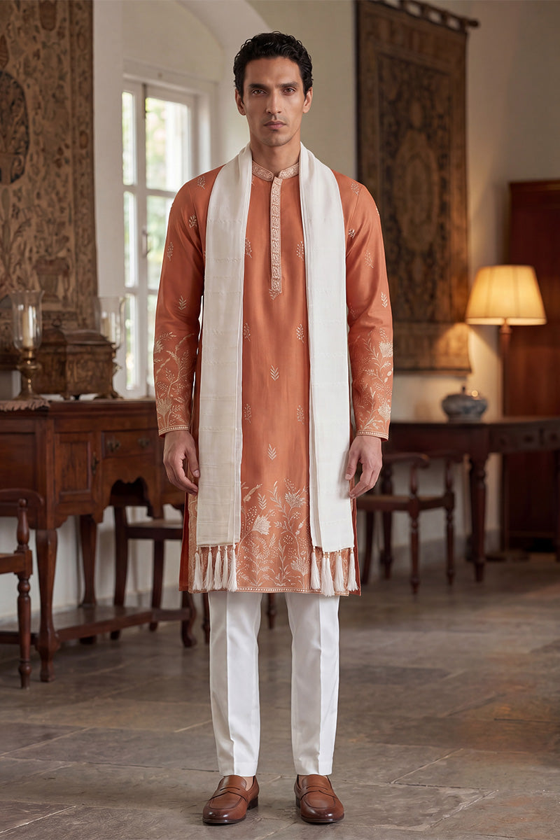Peach Vartican Solid Embroidered Straight Kurta Sets MKUD1935
