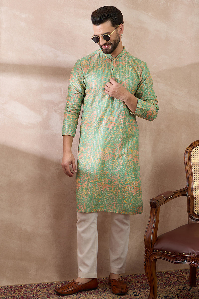 Green Silk Blend Printed Mandarin Collar Straight Kurta With Trouser MKSET2113