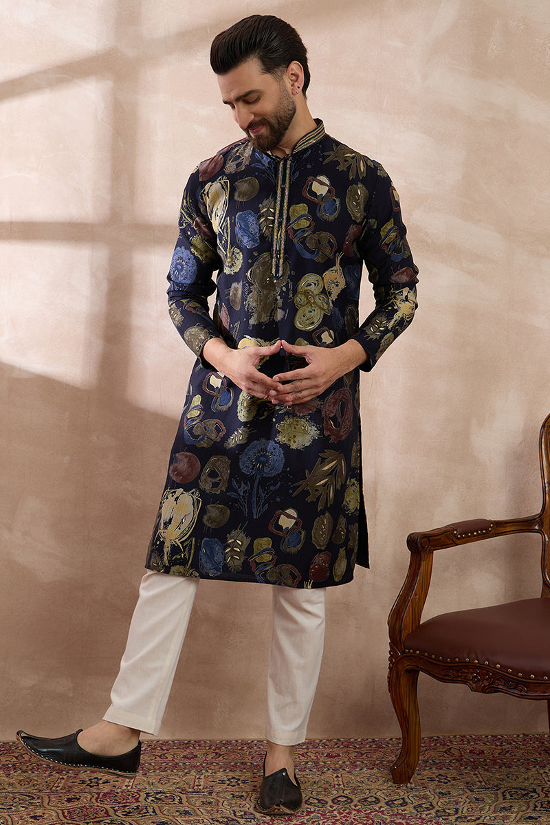 Navy Blue Silk Blend Printed Mandarin Collar Straight Kurta With Trouser MKSET1961