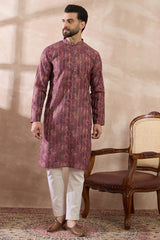 Purple Silk Blend Printed Mandarin Collar Straight Kurta With Trouser MKSET2023