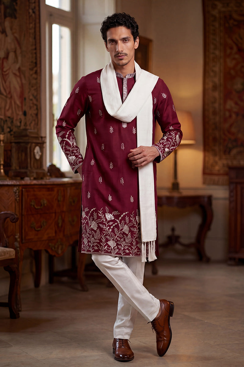 Maroon Silk Blend Solid Embroidered Straight Kurta Trouser with Dupatta MKPD1945