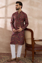 Maroon Silk Blend Printed Mandarin Collar Straight Kurta With Trouser MKSET2024