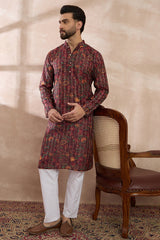 Maroon Silk Blend Printed Mandarin Collar Straight Kurta With Trouser MKSET2024