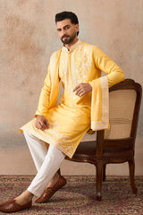 Yellow Silk Blend Woven Design Floral Straight Kurta with Dupatta MKUD1037