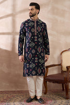 Blue Silk Blend Printed Mandarin Collar Straight Kurta With Trouser MKSET1987