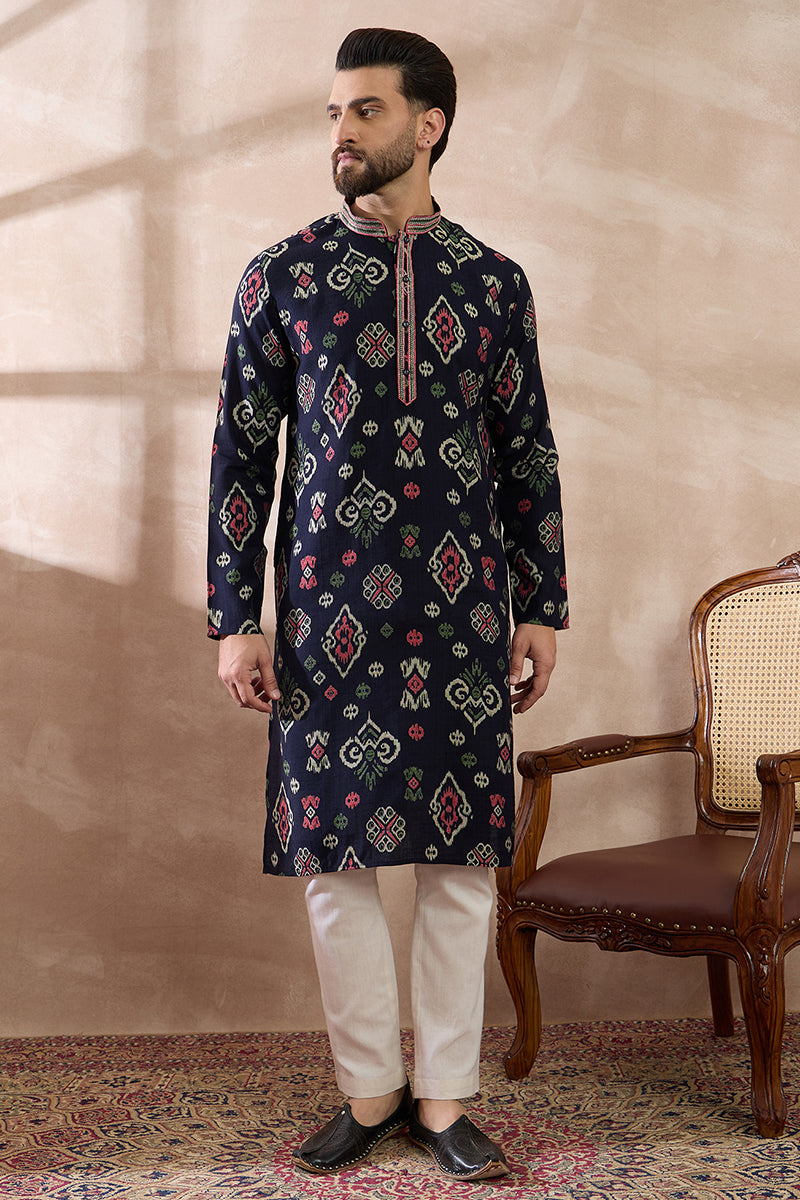 Blue Silk Blend Printed Mandarin Collar Straight Kurta With Trouser MKSET1987