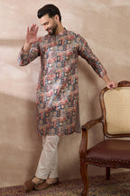 Multi Silk Blend Printed Mandarin Collar Straight Kurta MKU2001