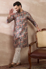 Multi Silk Blend Printed Mandarin Collar Straight Kurta With Trouser MKSET2001