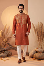 Orange Silk Blend Solid Emboidered Straight Kurta MKU2372