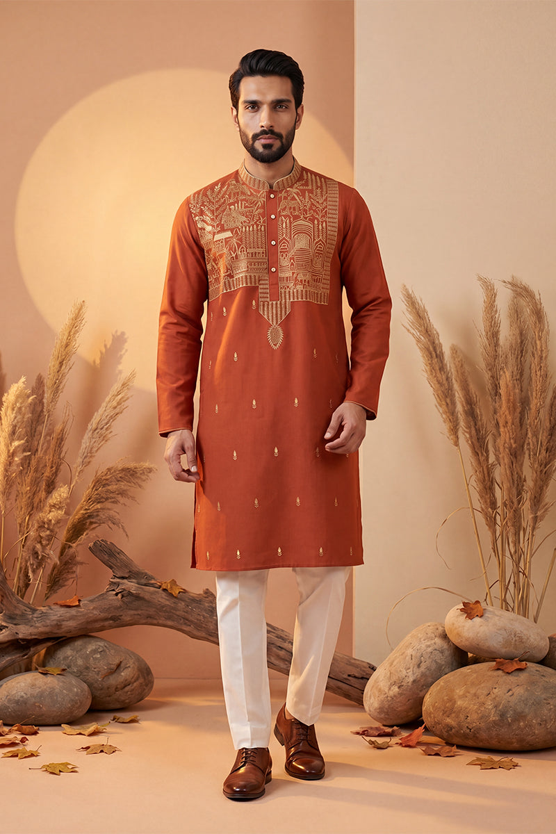 Orange Silk Blend Solid Emboidered Straight Kurta MKU2372