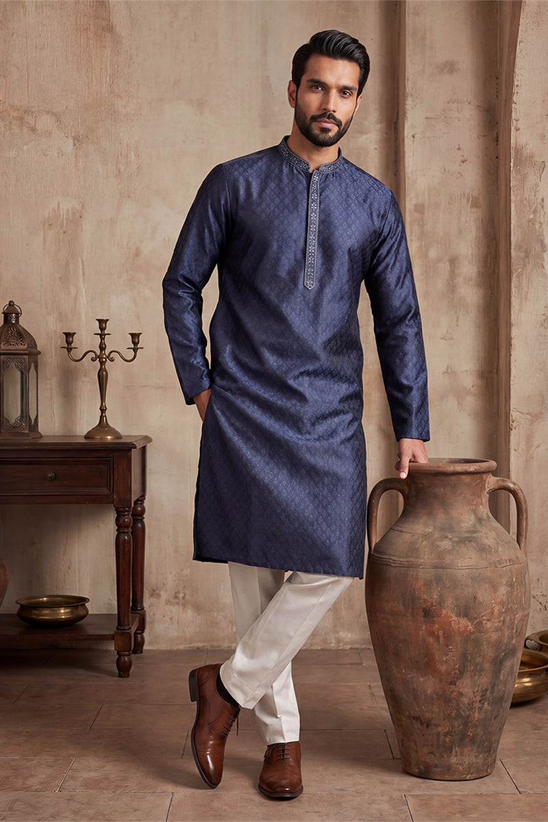 Blue Jacquard Woven Design Straight Kurta MKU2227