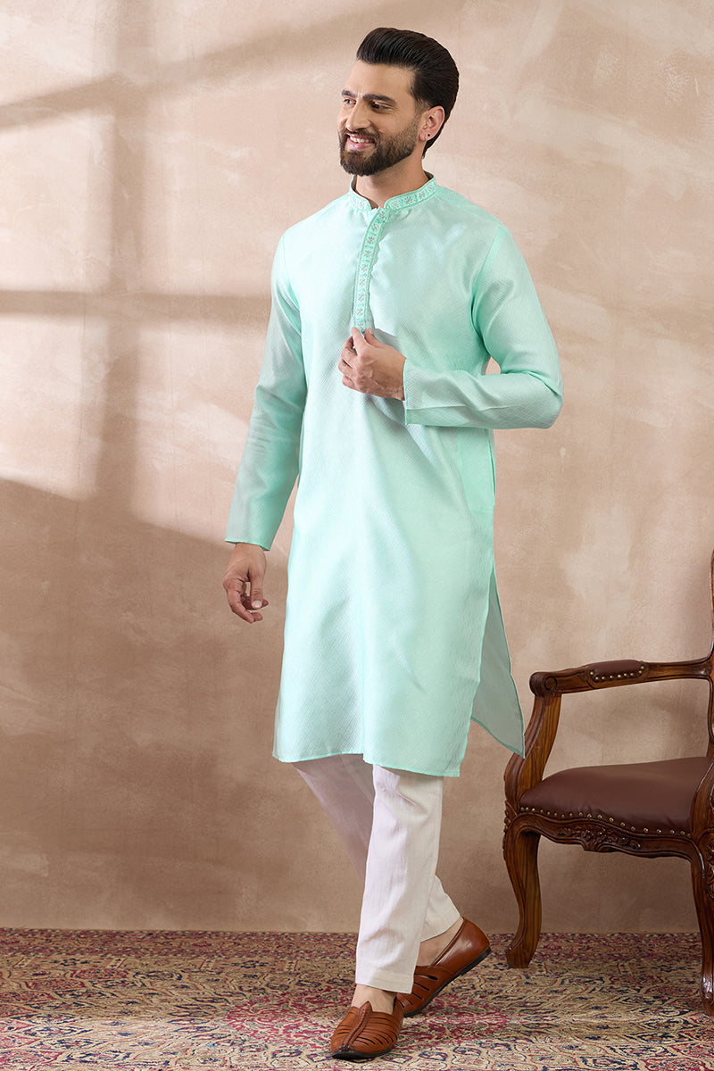 Teal Polyester Woven Design Mandarin Collar Straight Kurta With Trouser MKSET2016