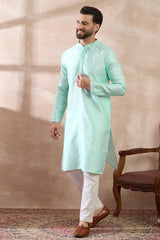 Teal Polyester Woven Design Mandarin Collar Straight Kurta With Trouser MKSET2016
