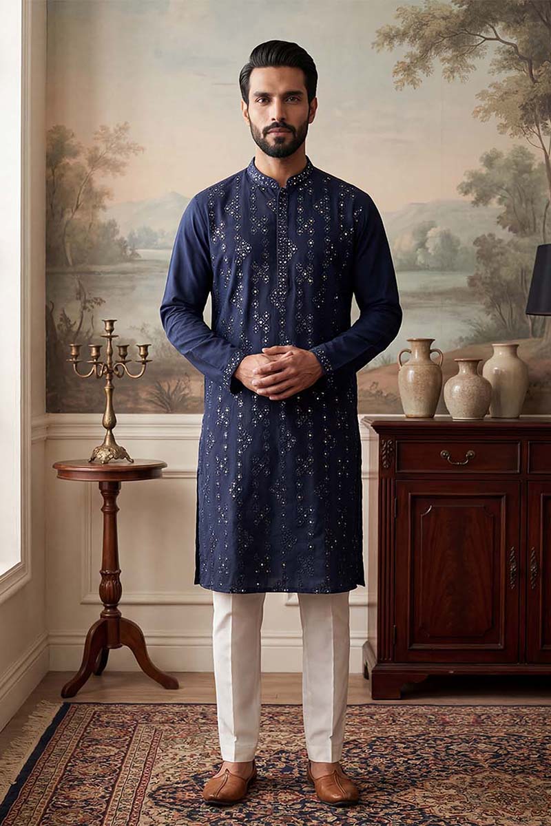 Blue Silk Blend Solid Embroidered Kurta MKU2075