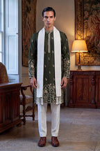Olive Chanderi Silk Solid Embroidered Straight Kurta with Dupatta MKUD1319