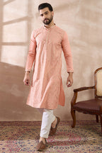 Peach Silk Blend Embroidered Mandarin Collar Straight Kurta MKU2045