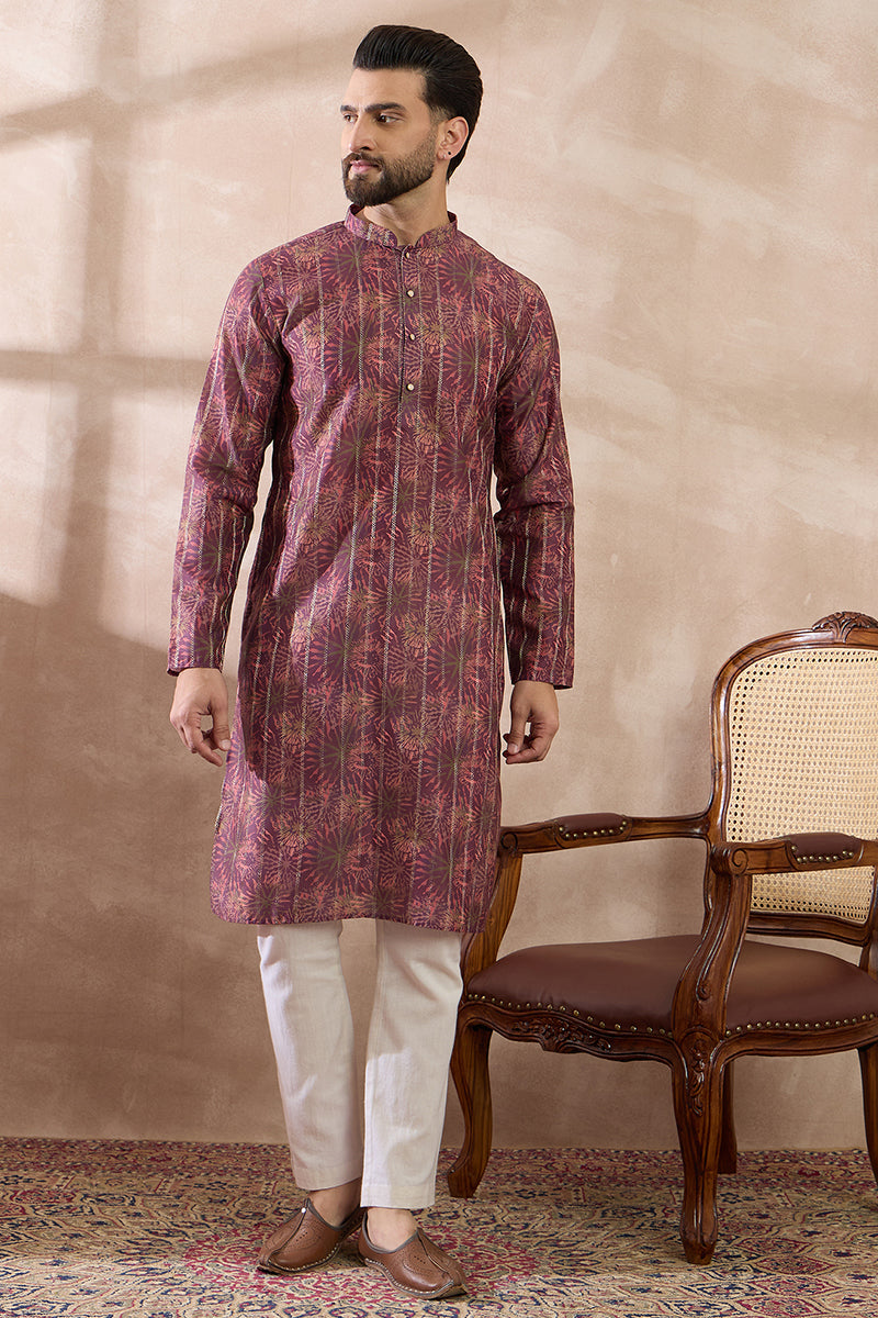 Purple Silk Blend Printed Mandarin Collar Straight Kurta MKU2023