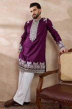 Purple Silk Blend Embroidered Mandarin Collar Straight Kurta MKU2018
