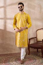Yellow Silk Blend Embroidered Mandarin Collar Straight Kurta With Trouser MKSET2053