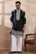 Black Silk Blend Embroidered Mandarin Collar Straight Kurta With Trouser MKSET2019