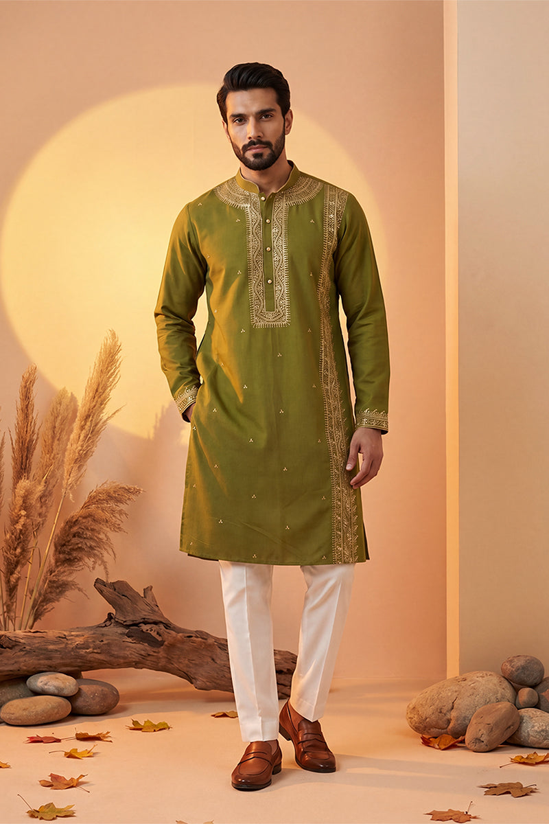 Green Silk Blend Solid Emboidered Straight Kurta MKU2313