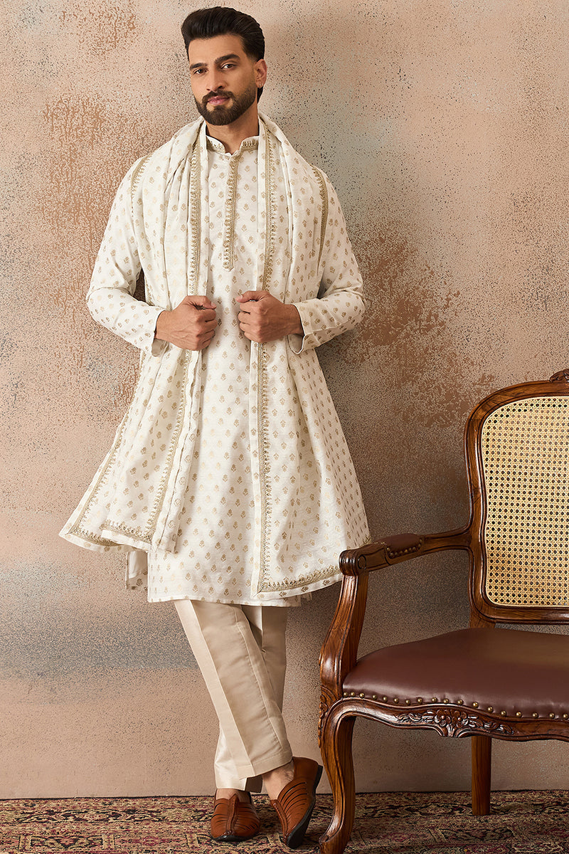 White Jacquard Woven Design Floral Straight Kurta with Dupatta MKUD1049