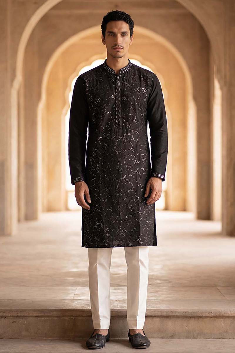 Silk Blend Black Solid Embroidered Calf Length Straight Kurta With Trousers MKSET2128
