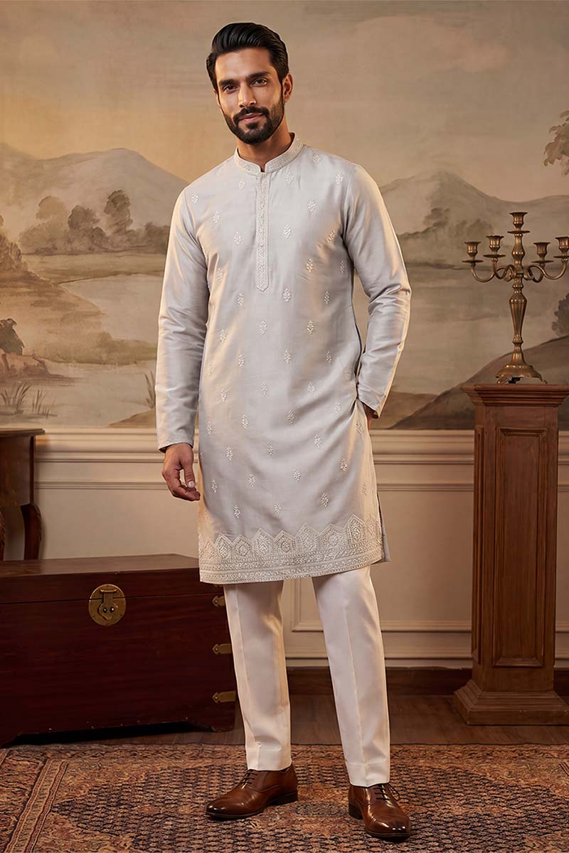 Silk Blend Silver Solid Embroidered Calf Length Straight Kurta With Trousers MKSET2273