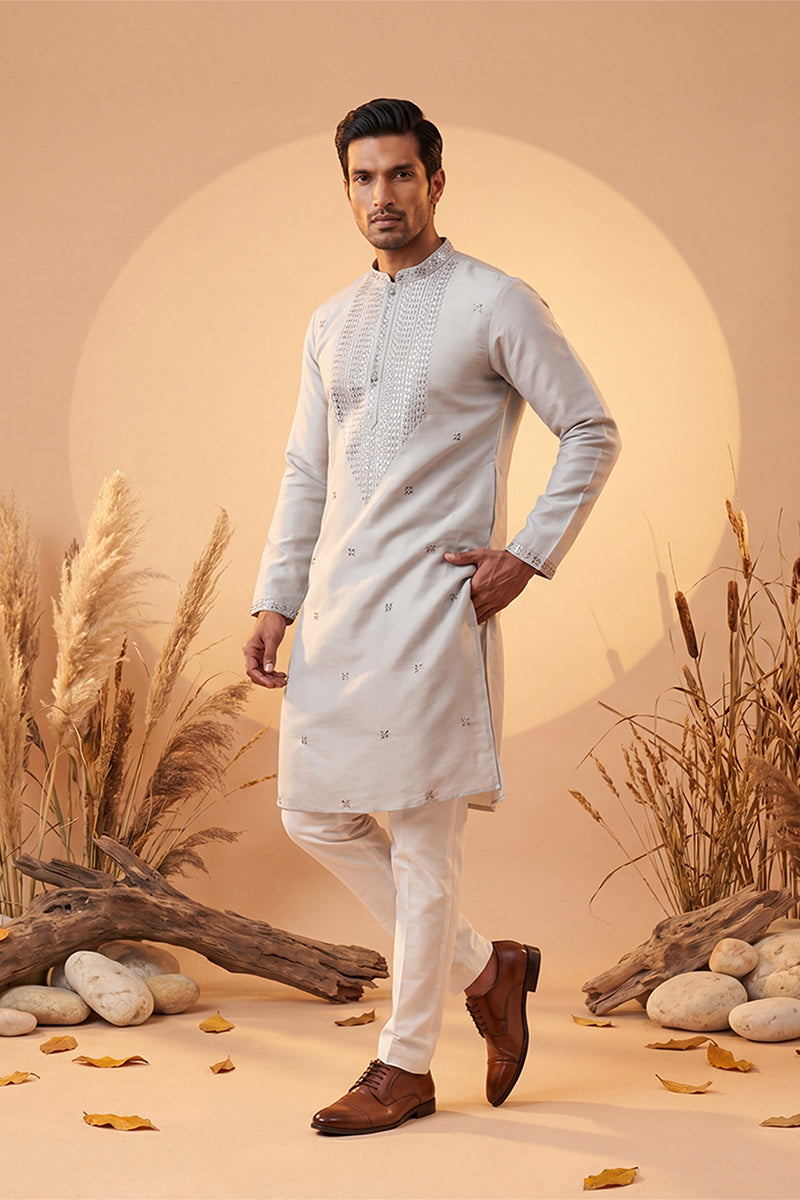 Grey Silk Blend Solid Emboidered Sequins Kurta MKU2280