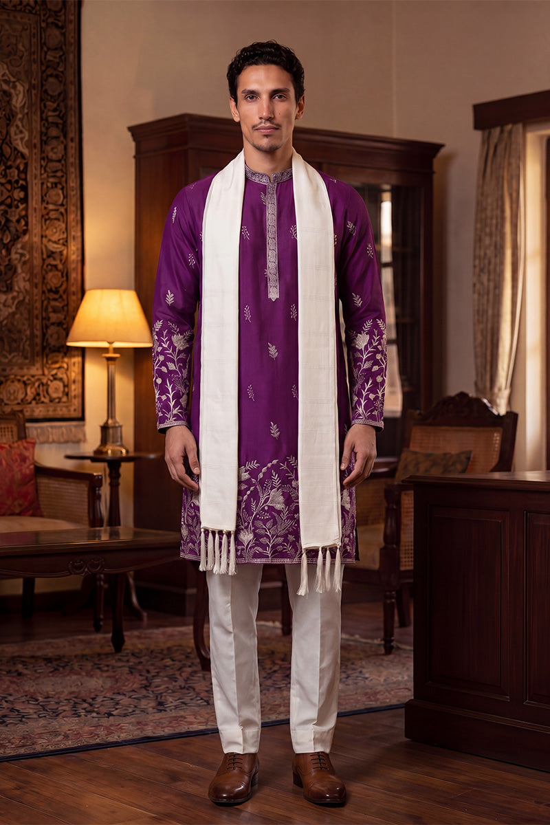 Purple Silk Blend Solid Embroidered Straight Kurta with Dupatta MKUD1944