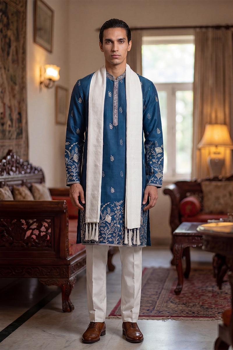 Blue Chanderi Silk Solid Embroidered Straight Kurta with Dupatta MKUD1315