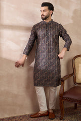 Black Silk Blend Printed Mandarin Collar Straight Kurta MKU2116