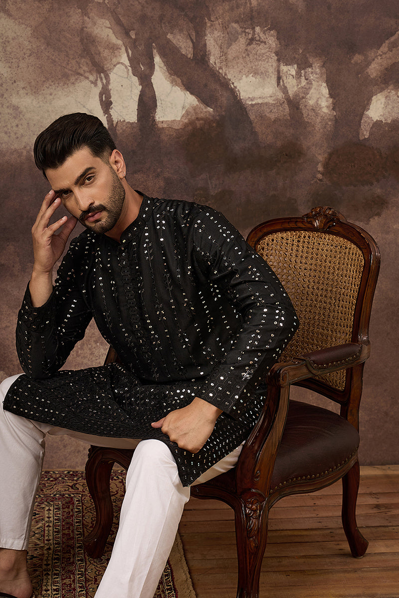 Black Silk Blend Solid Embroidered Straight Kurta MKU1360