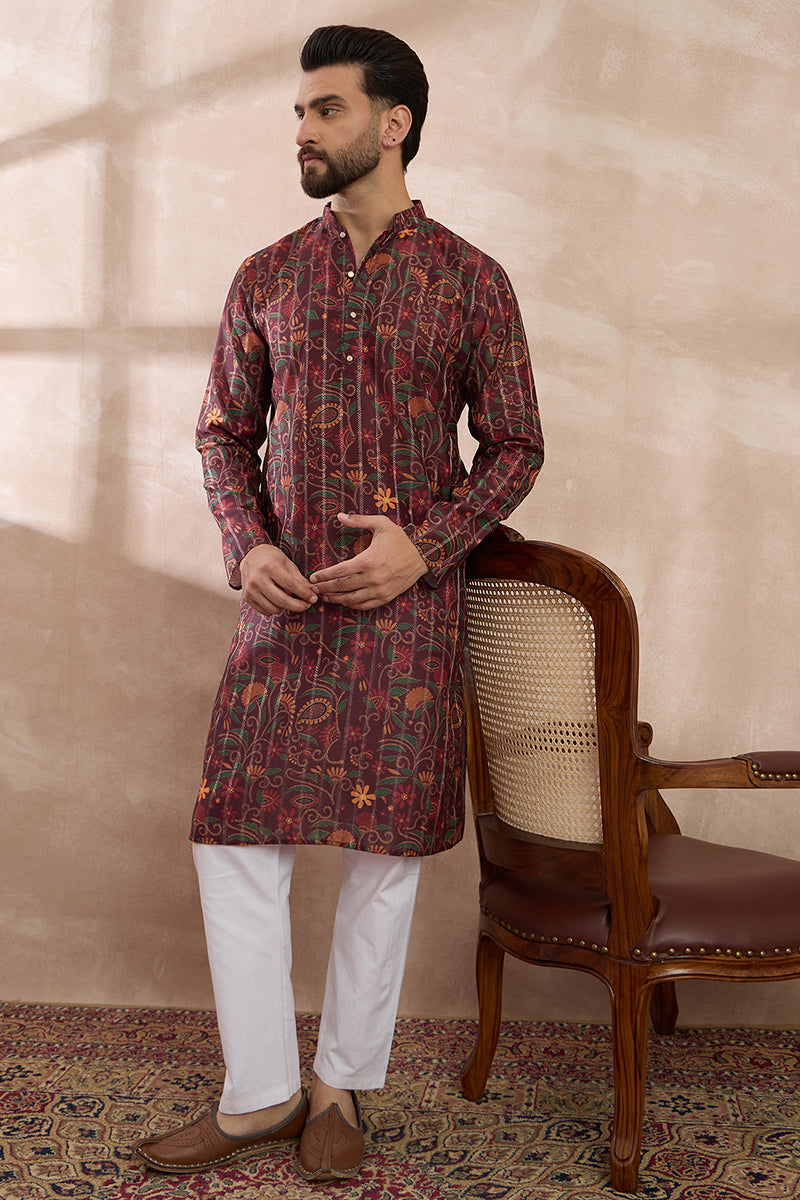 Maroon Silk Blend Printed Mandarin Collar Straight Kurta MKU2024