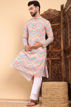 Teal Viscose Rayon Chevron Printed Straight Kurta with Trousers MKSET1008TIL
