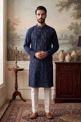 Blue Silk Blend Solid Embroidered Kurta With Trousers MKSET2075