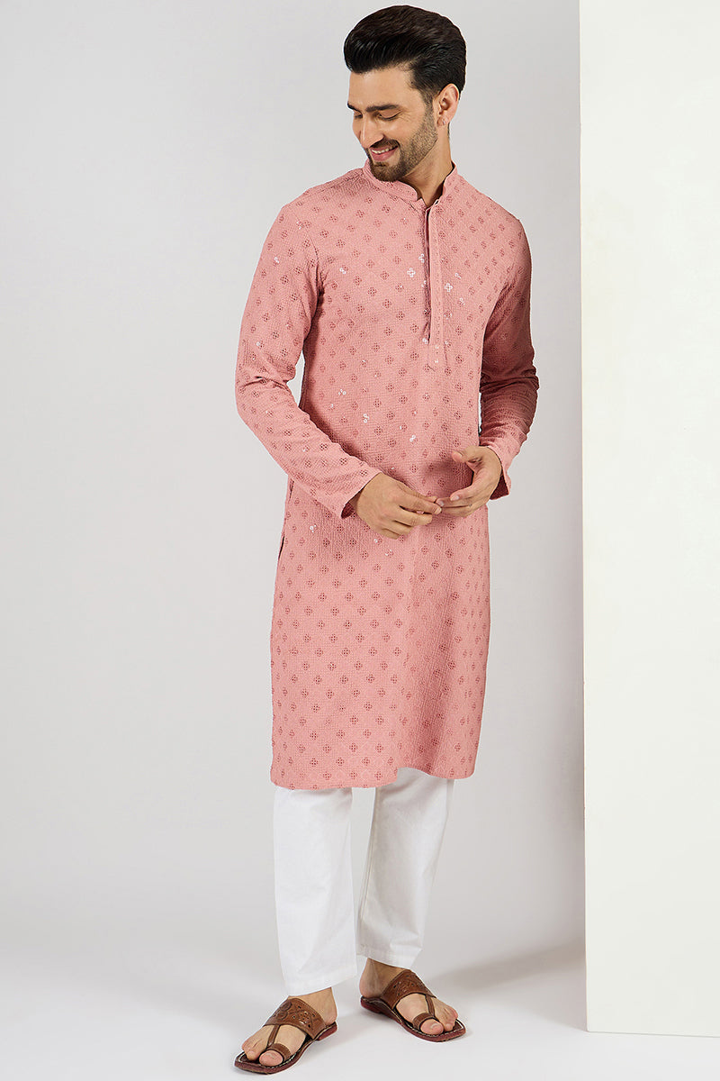 Pink Viscose Rayon Solid Embroidered Long Straight Kurta For Men MKU1060