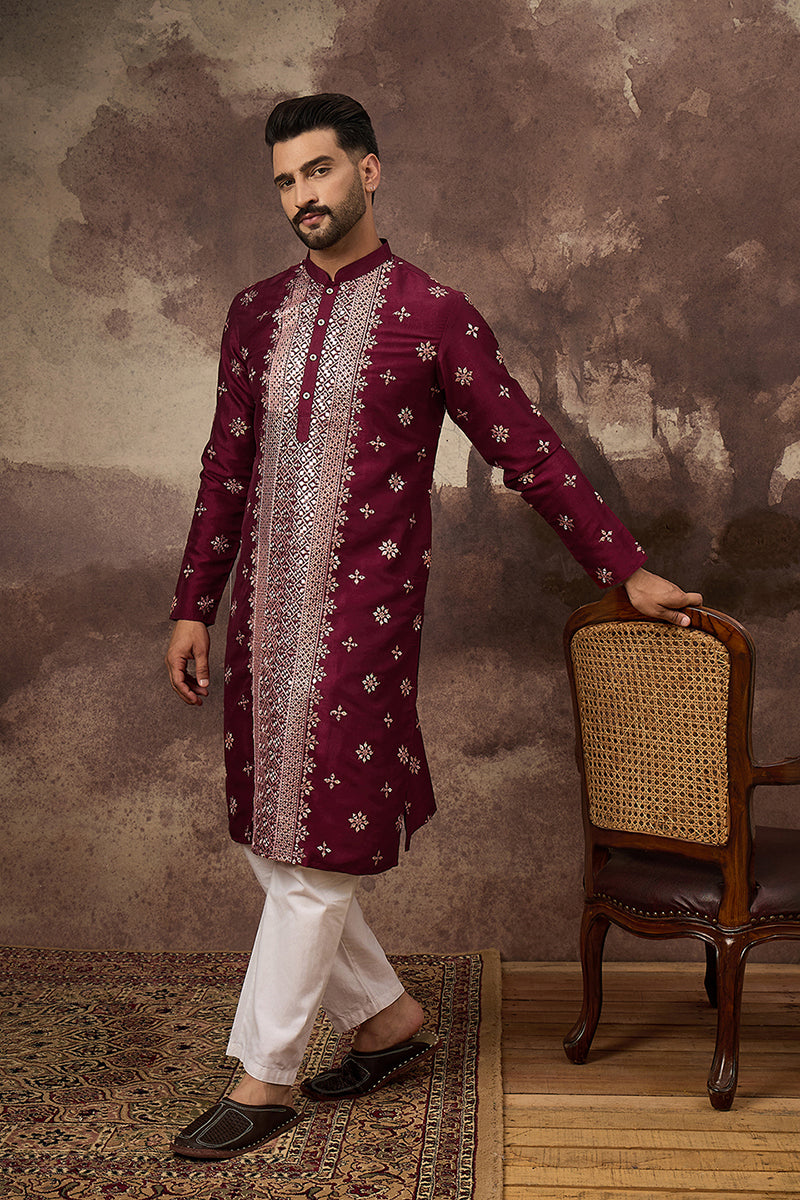 Maroon Silk Blend Embroidered Indian Wear for Men MKU1369 | DesiQlo