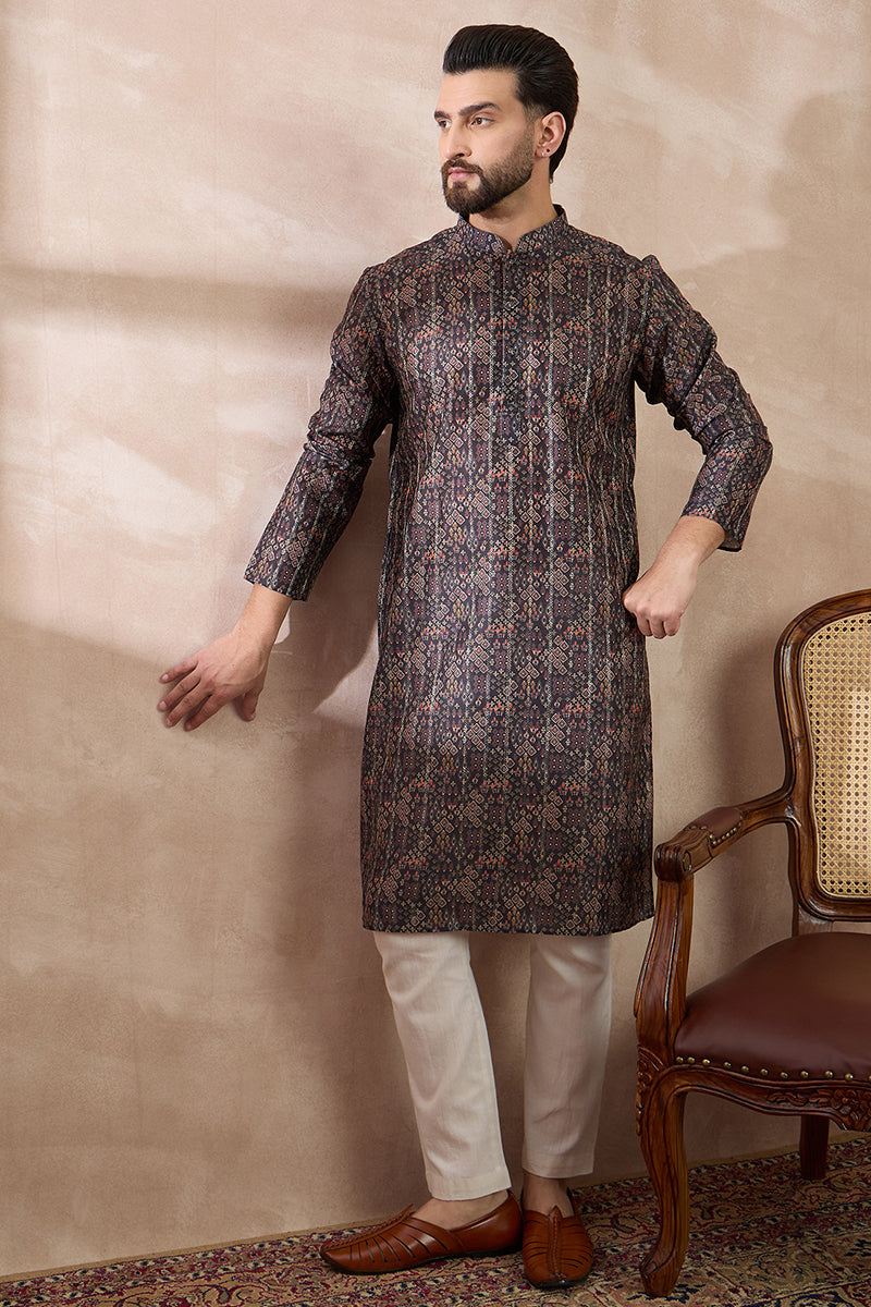 Black Silk Blend Printed Mandarin Collar Straight Kurta With Trouser MKSET2116