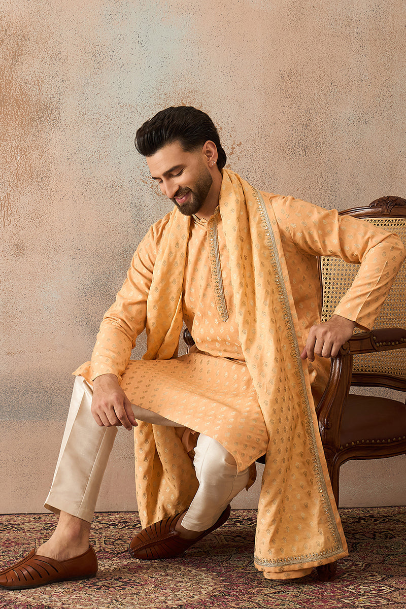 Peach Jacquard Woven Design Floral Straight Kurta Sets MKPD1017